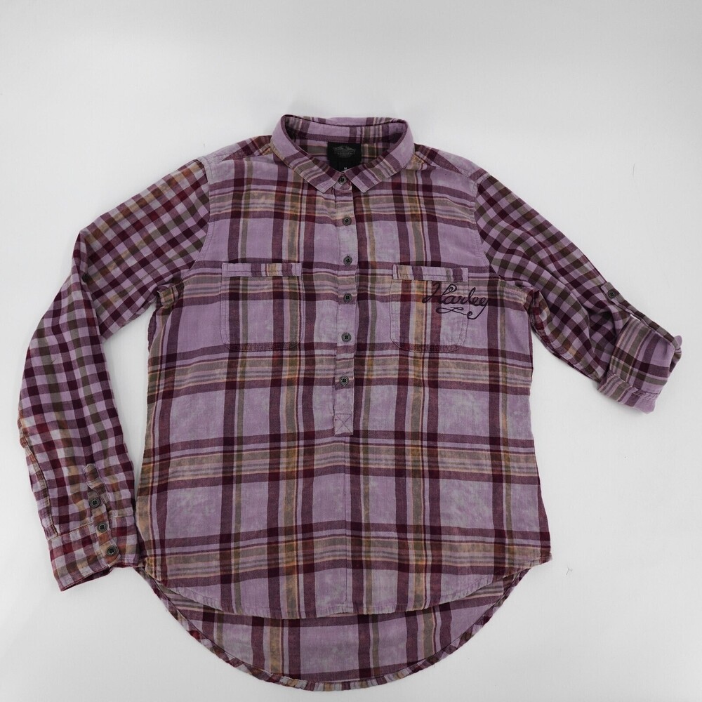 Harley-Davidson Button Up Shirt Womens Medium Purple Plaid Long Roll Tab Sleeve